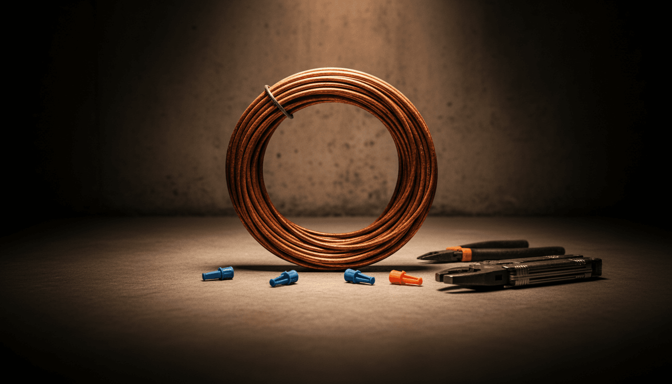 Close-up of coiled copper electrical wire on concrete floor with wire nuts