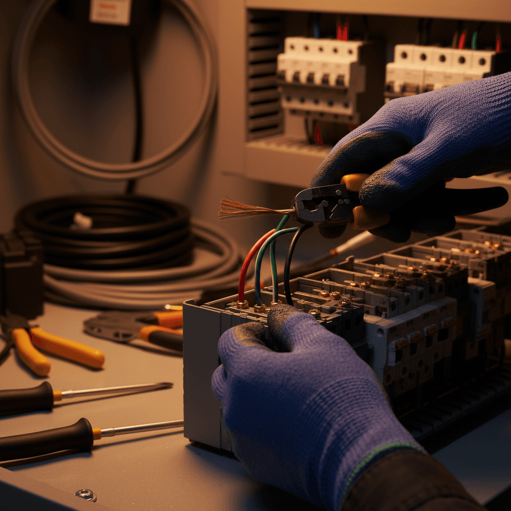 Electrician's hands pulling organized low-voltage cables through a stud wall during construction