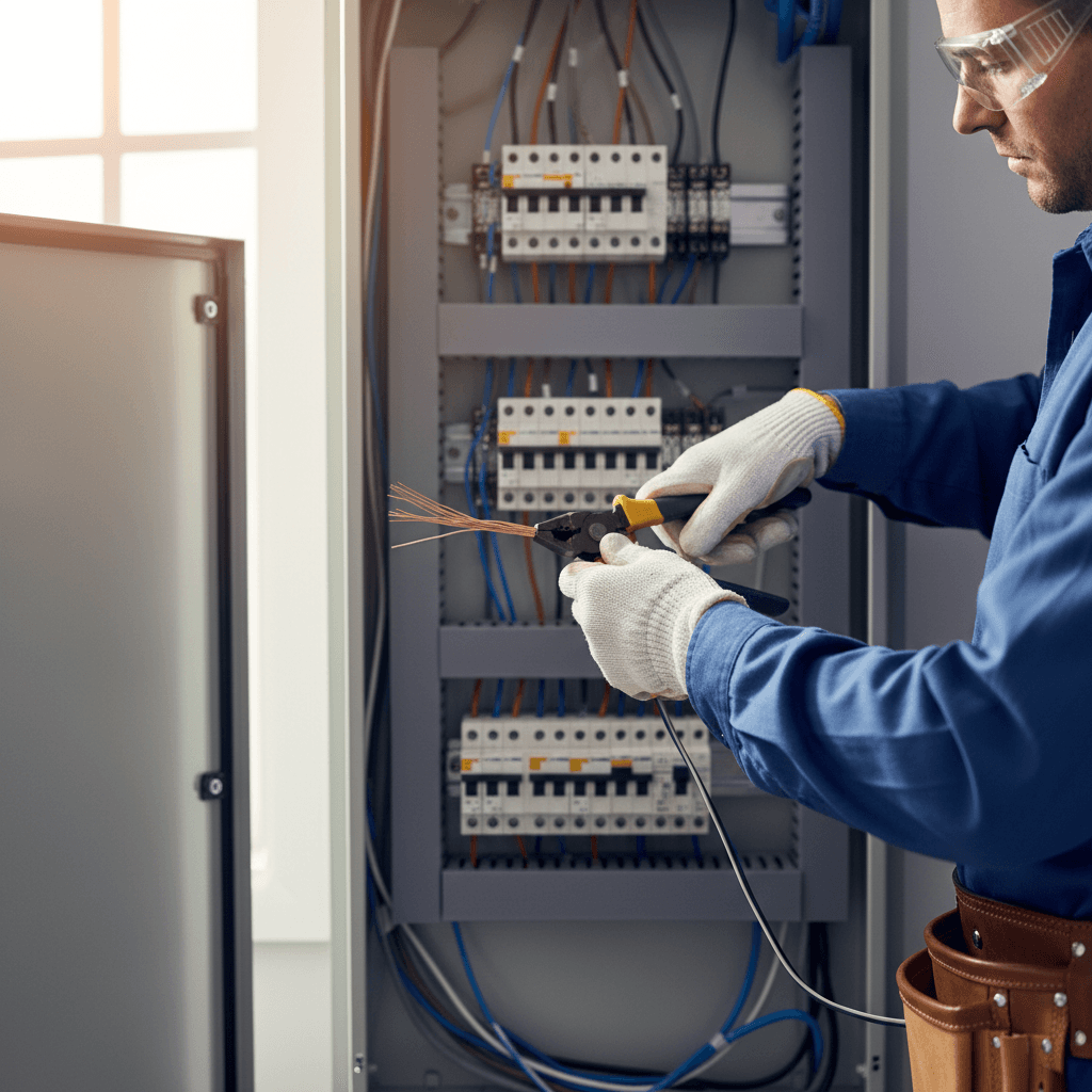 Close-up of a professional electrical panel installation with neatly organized copper wiring in a modern Montreal home