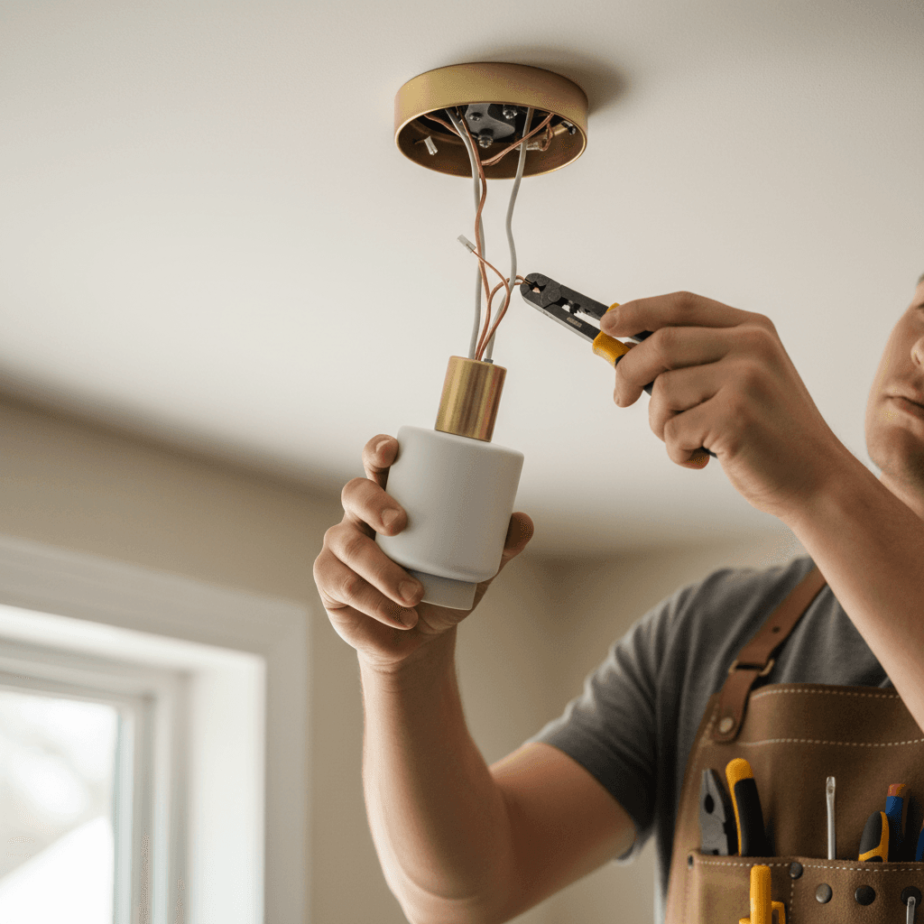 Hand of an installer connecting a brass pendant light to a ceiling junction box