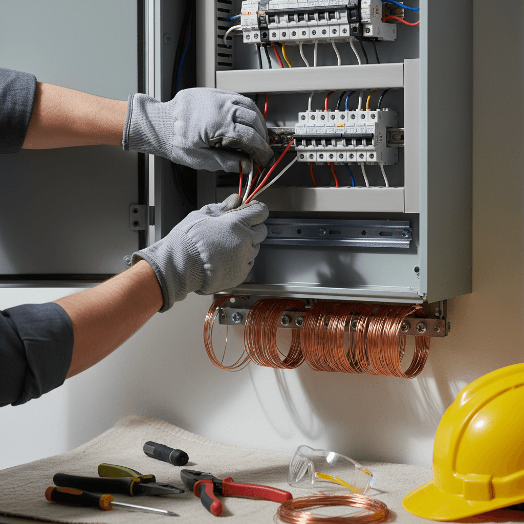 Electrician's hands working on a copper wire termination inside a clean panel in a luxury home under construction