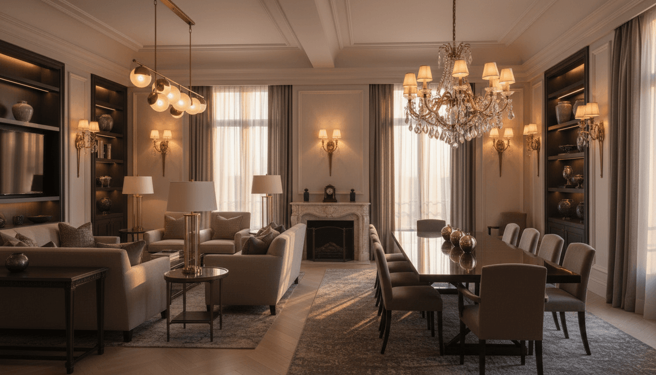 Close-up of a modern chandelier against a dark ceiling with warm metallic tones