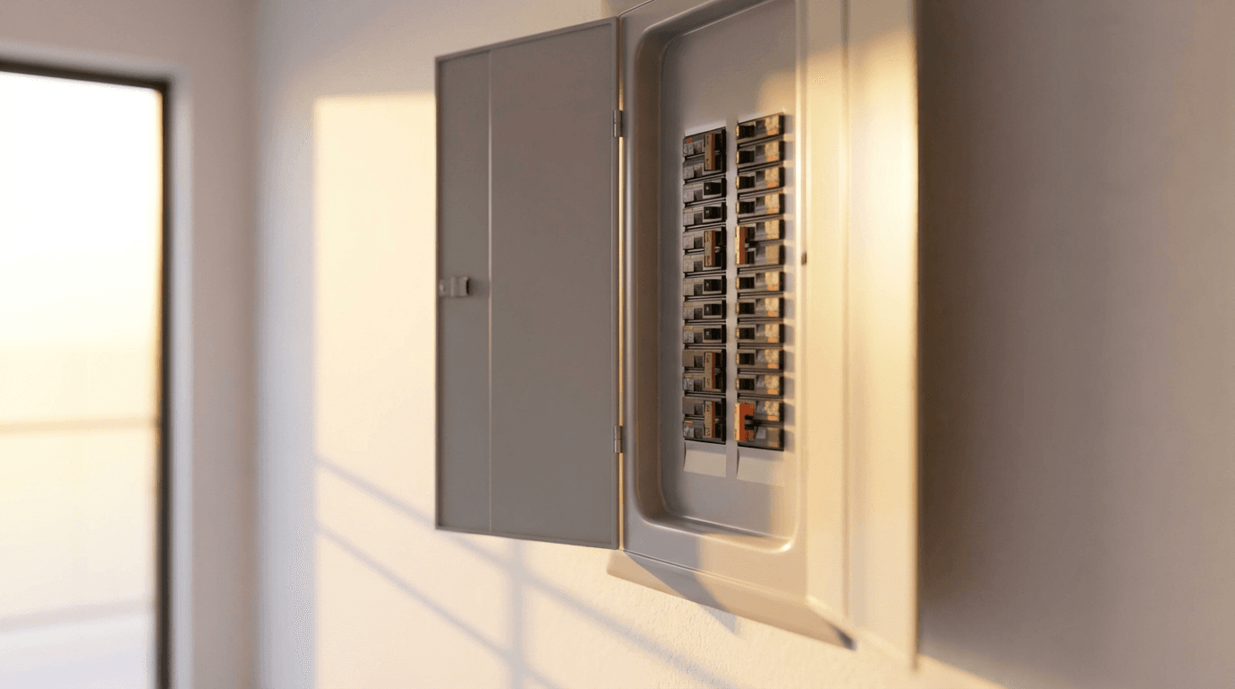 Open modern electrical panel with labeled circuits and organized copper wiring